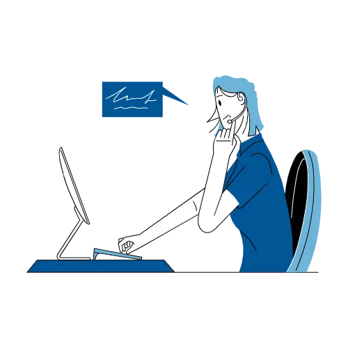 Person sitting at a desk, looking at a computer monitor with a speech bubble above